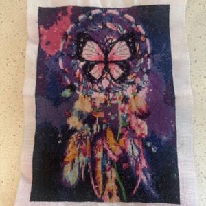 Completed Cross Stitch Purple Butterly Dream Catcher 9" x 13"